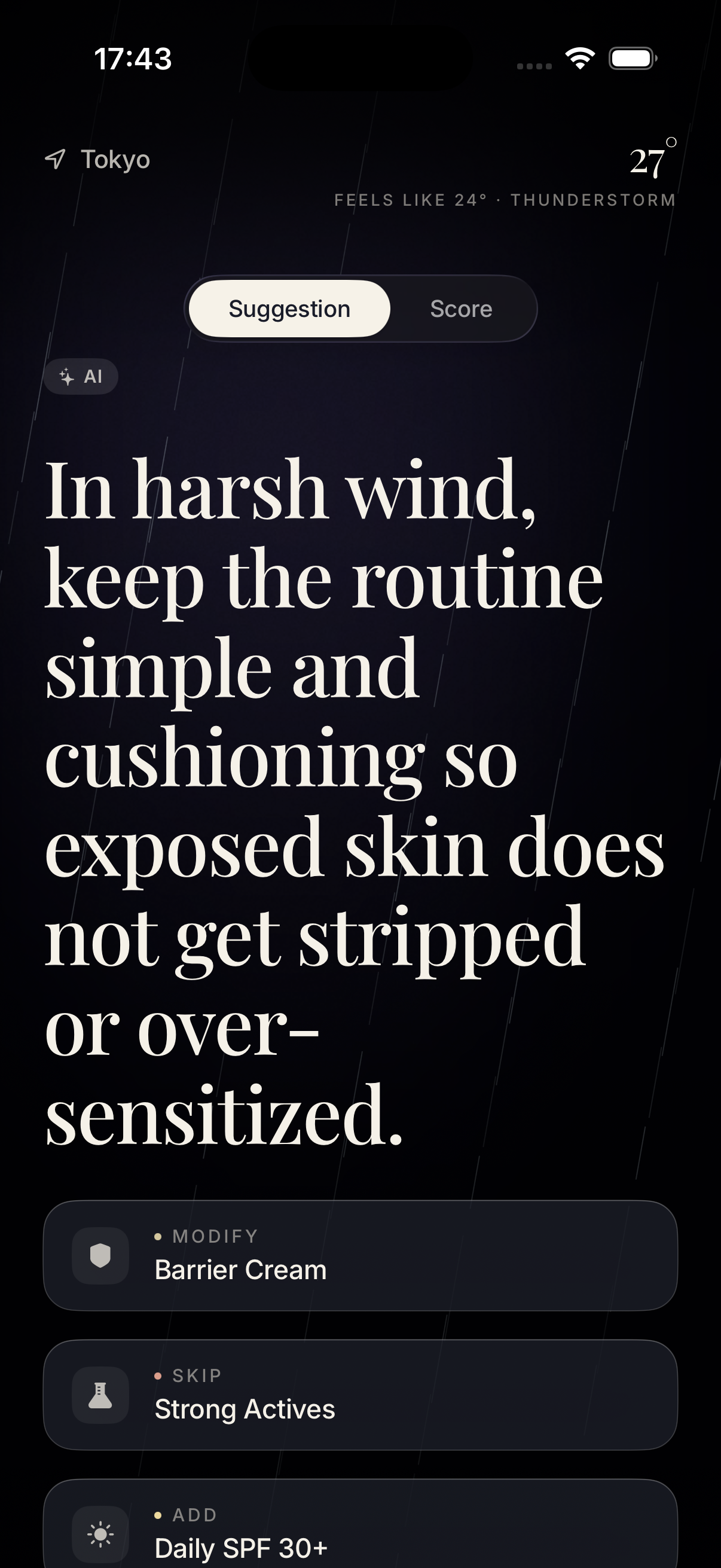 SkinCast recommendation screen with weather-aware sunscreen and routine guidance